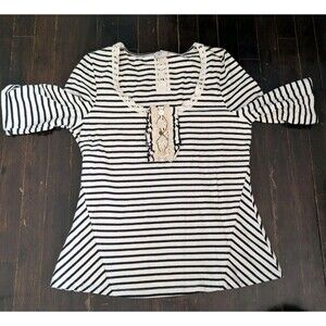 Anthropologie Boho Cottage Stripe Embroidery Crochet Knit Top Blouse Sz L